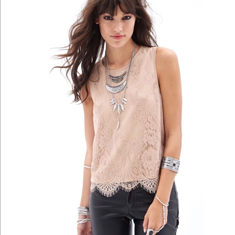 Tan Lace chiffon back tank